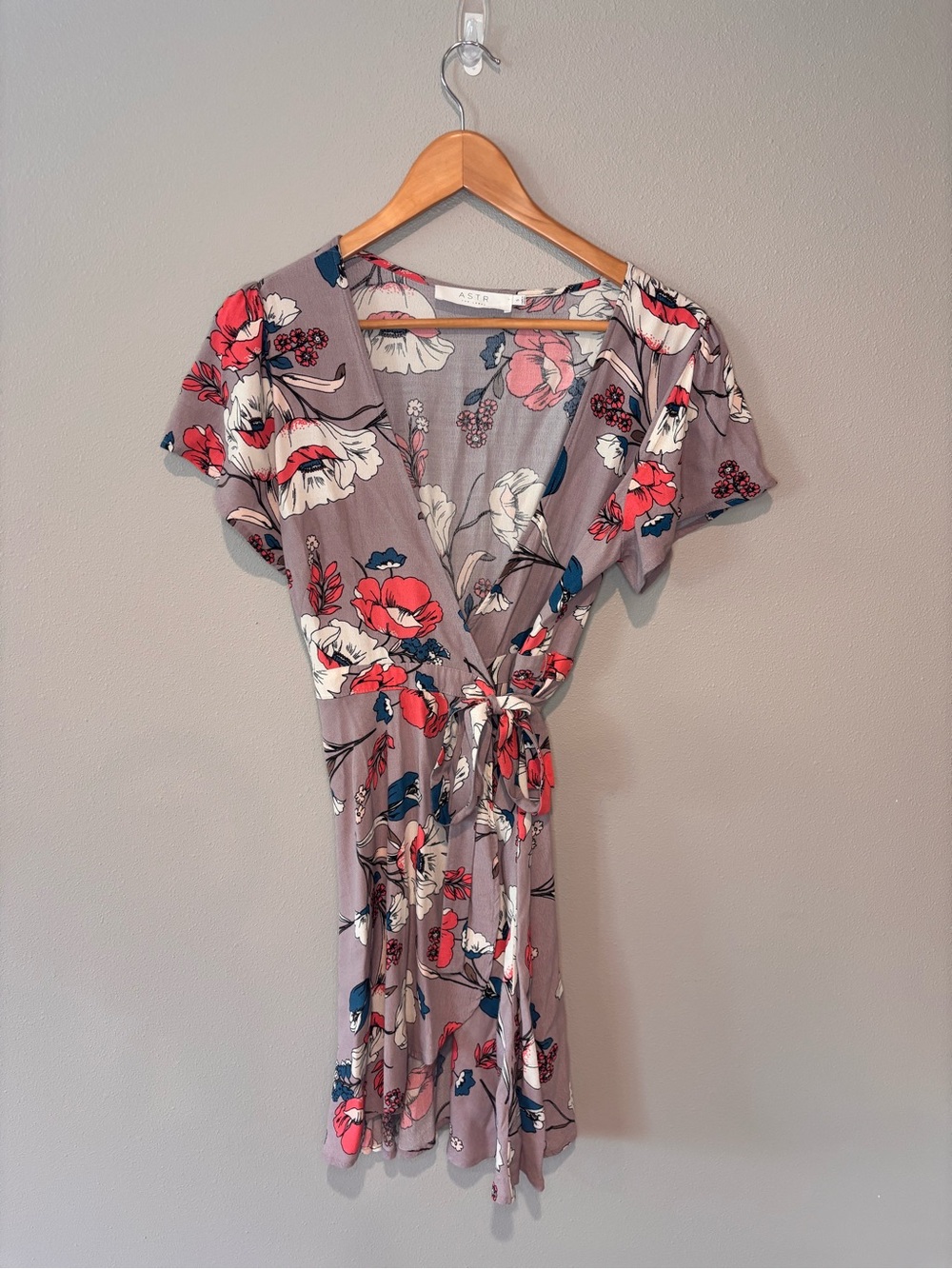 Astr Taupe Floral Wrap Mini Dress with Pink & Navy Flowers